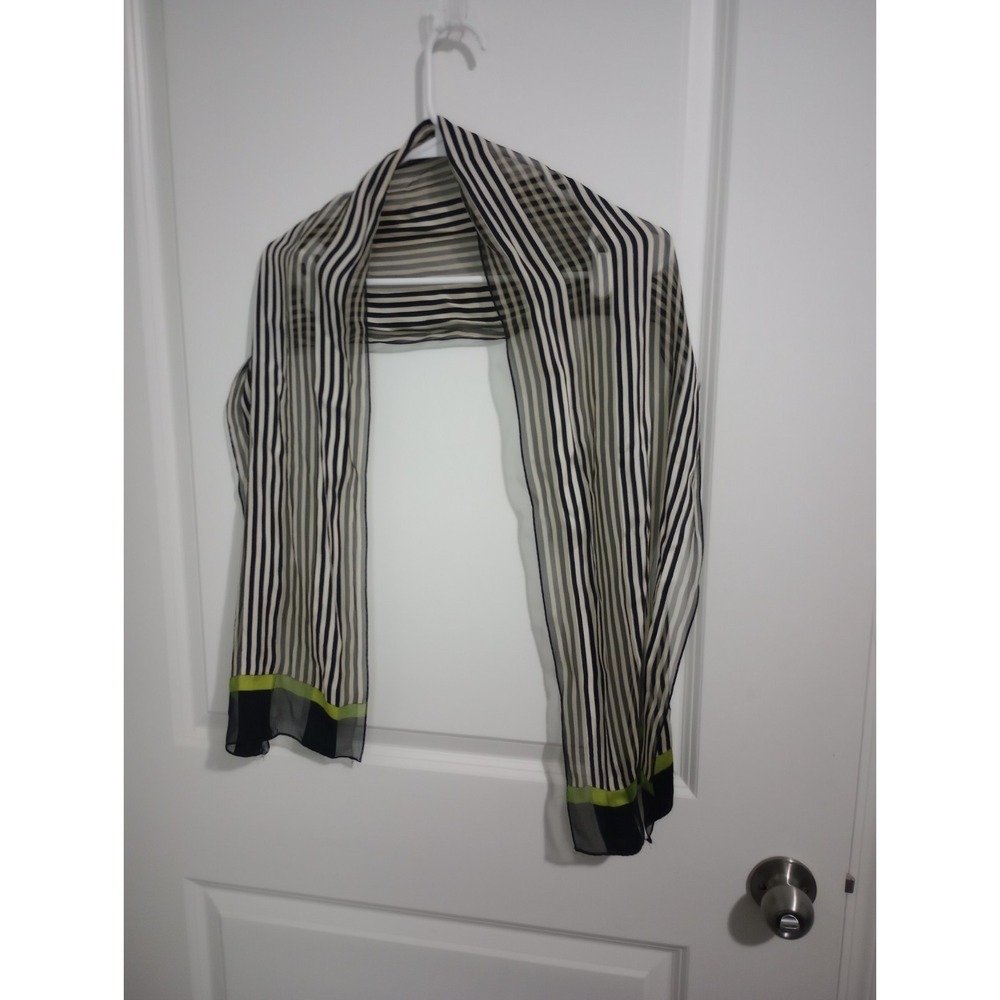Sheer Striped Scarf Black White Gray Lime Green Accent 60" x 11" Lightweight